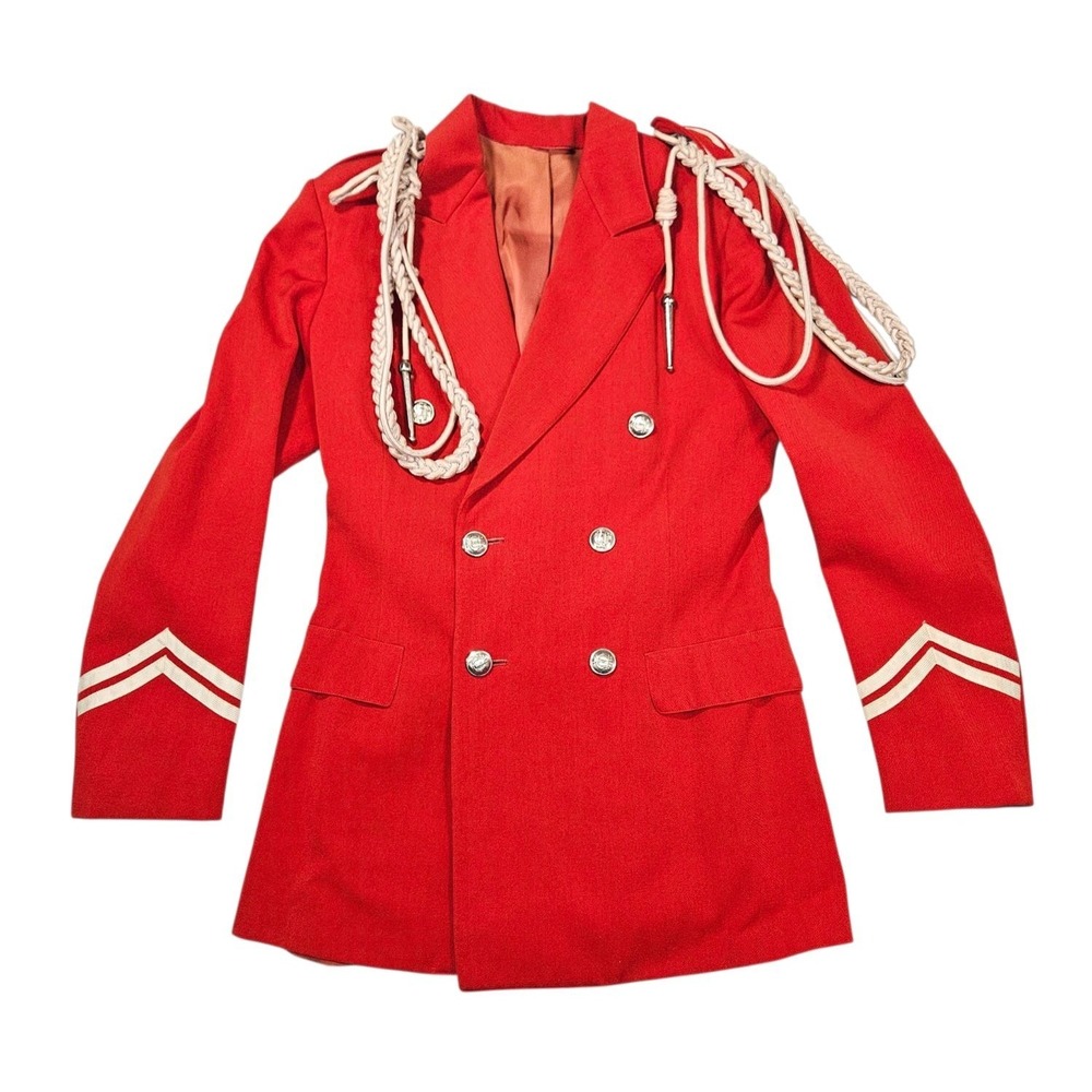 Vintage Marching Band Uniform Jacket Red Double Breasted Aiguillette Shoulder Co